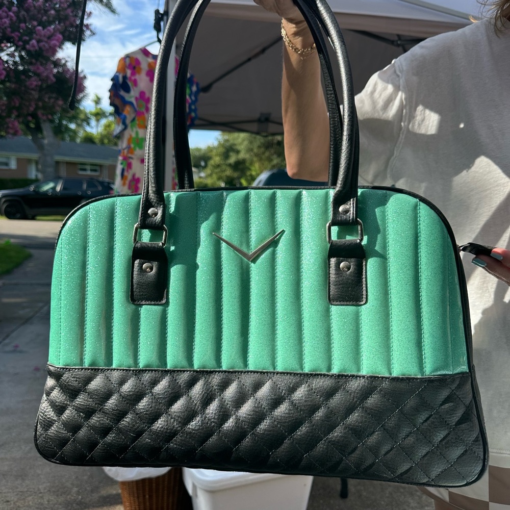 Green and Black Laptop Bag with Quilted Design and Metal Hardware